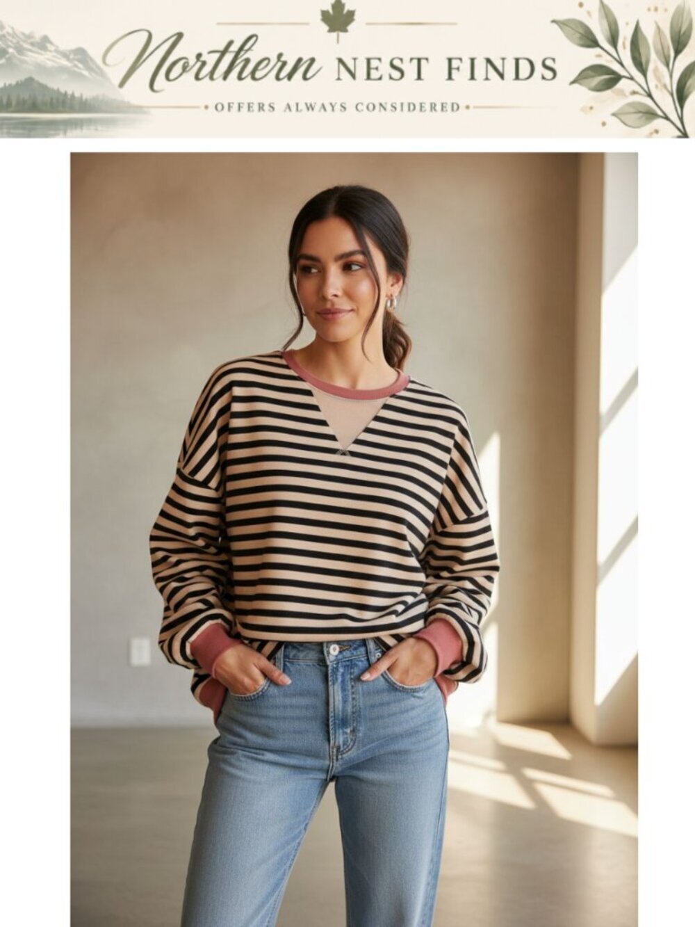 Oversized Striped Color Block Sweatshirt Crew Neck Long Sleeve Loose Fit